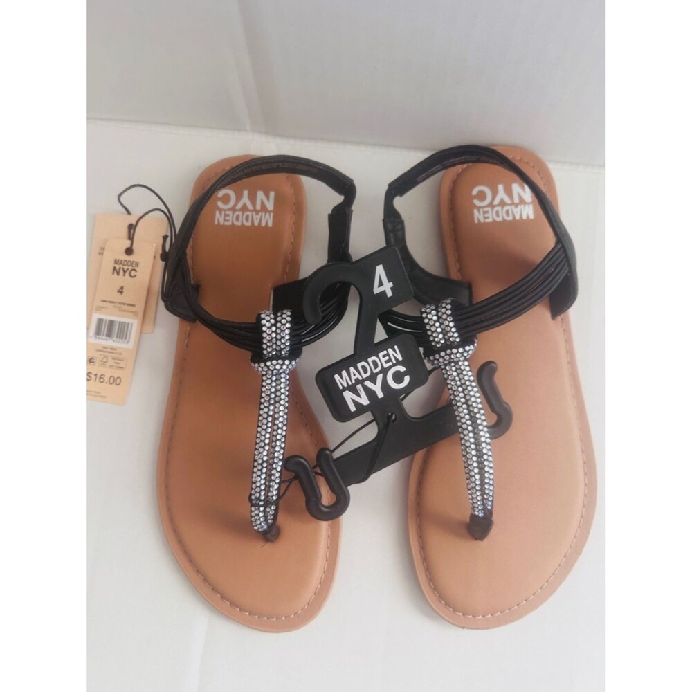 Madden NYC Girls' Black Rhinestone T-Strap Sandals
